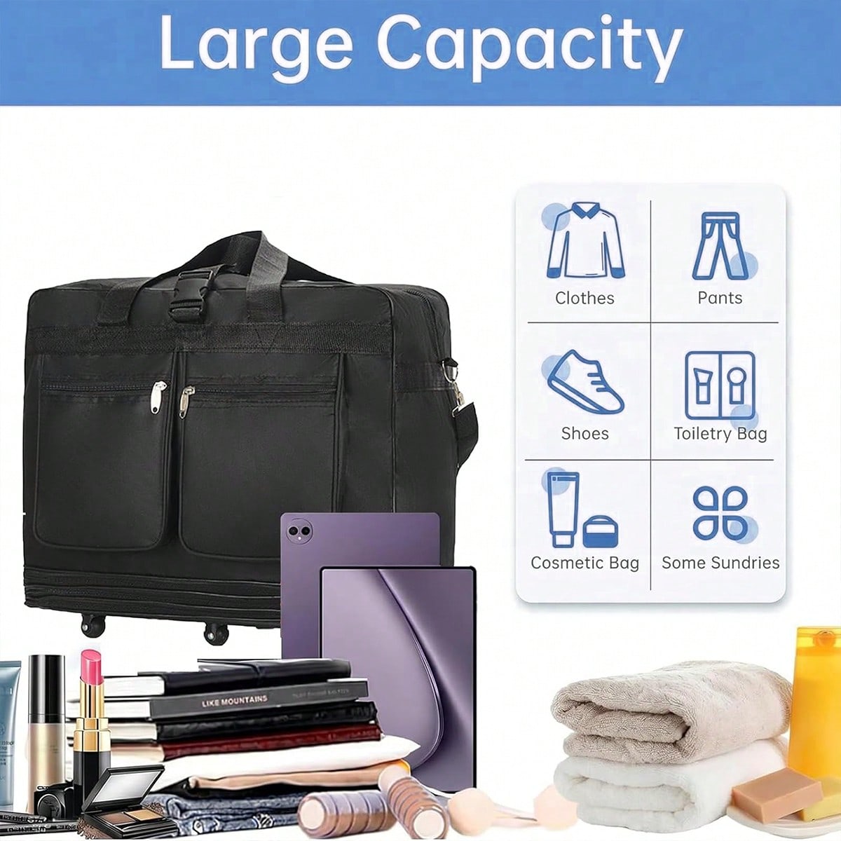 Tas Duffel Beroda Warna Hitam  - Foldable Rolling Luggage Bag ulasan dan harga
